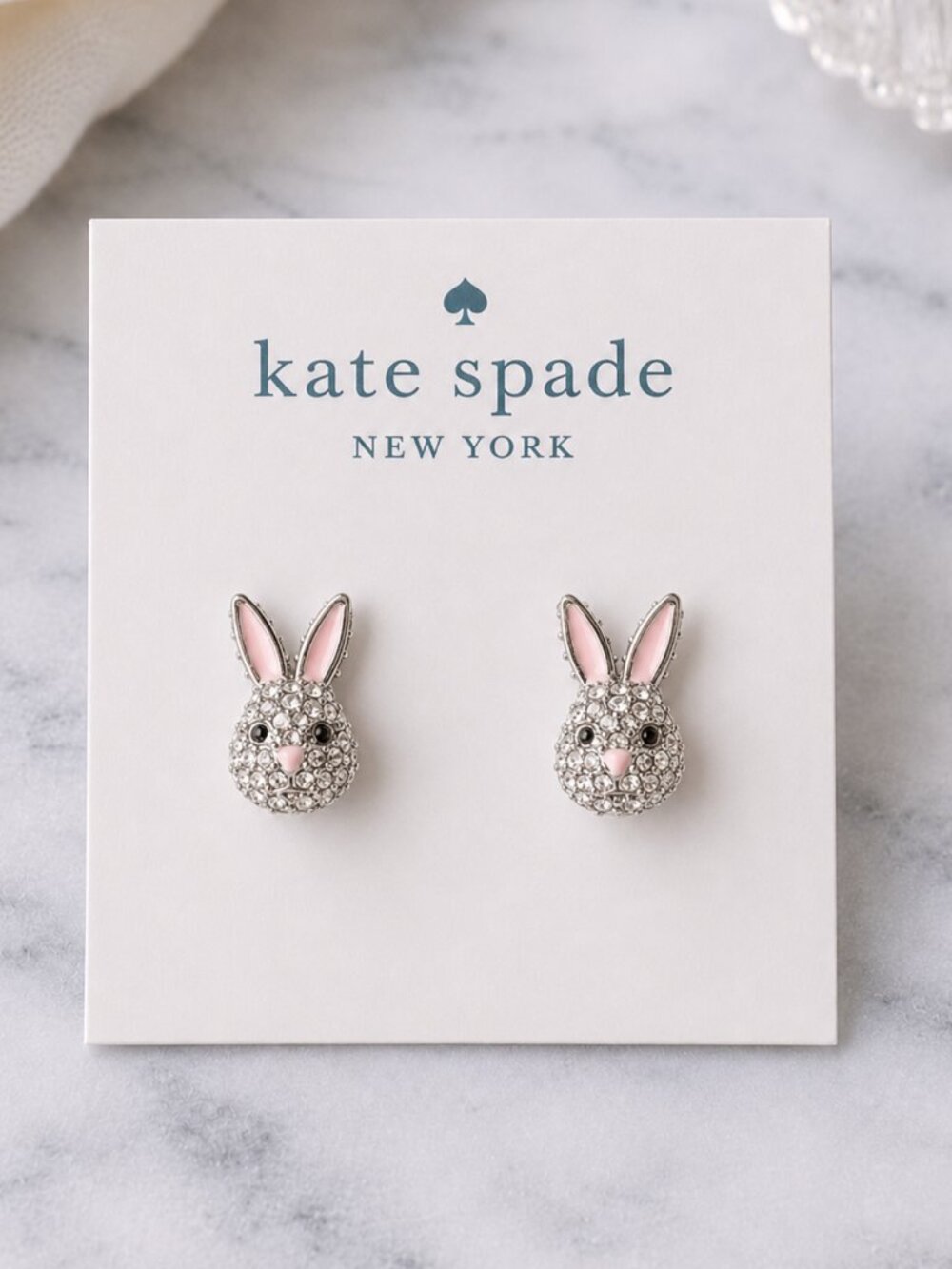 Kate Spade Crystal Bunny Stud Earrings Silver Tone Pink Rabbit Easter Jewelry